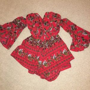 Red bell sleeve off the shoulder romper